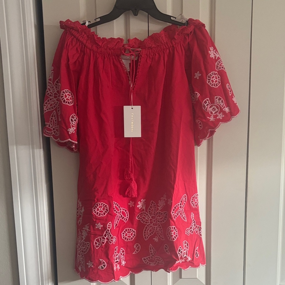 Foxiedox Red Strapless cover-up Dress with White Embroidery size xs
